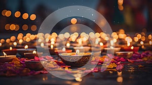 Beautiful diwali diya lamps lit on colorful rangoli background Generative AI