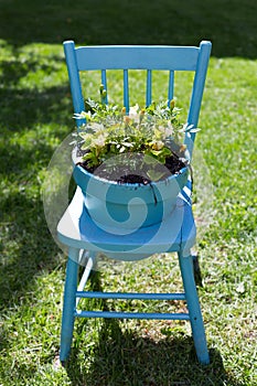 Beautiful DIY planter made out of old recycled wooden chair and large flower pot