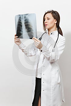 Beautiful doctor woman with X-ray of lungs, fluorography, roentgen isolated on white background. Female doctor in