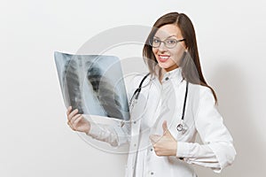 Beautiful doctor woman showing thumbs up with X-ray of lungs, fluorography, roentgen isolated on white background. Female doctor
