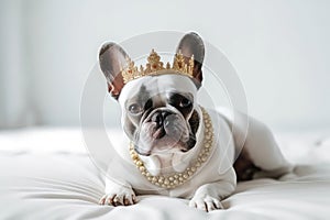 Beautiful Dog In Gold Crown On White Background. Generative AI