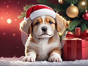 Beautiful dog near a beautiful Christmas tree and a beautiful gift