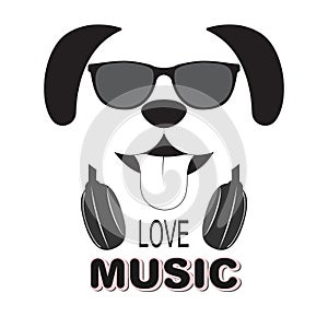 Beautiful dog in sunglasses love music. Vector illustration.