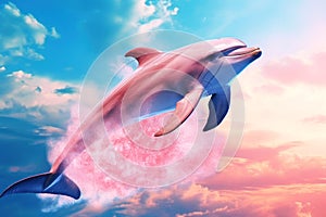 Beautiful dolphin on a sunset background with magical pink clouds
