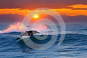 Beautiful dolphins diving and leaping out of the ocean during stunning sunset