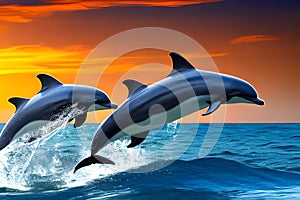 Beautiful dolphins diving and leaping out of the ocean during stunning sunset