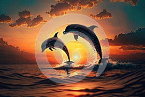 Beautiful dolphins diving and leaping out of the ocean during stunning sunset