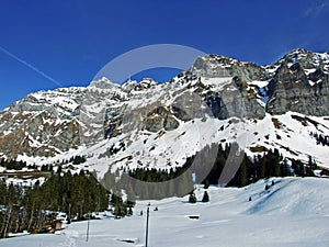 The beautiful and dominant alpine peak of Santis or Saentis in Alpstein mountain range - Canton of Appenzell Innerrhoden