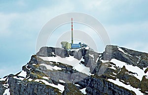 The beautiful and dominant alpine peak of Santis or Saentis in Alpstein mountain range, Unterwasser