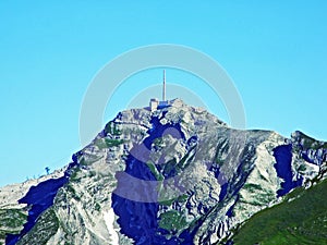 The beautiful and dominant alpine peak of SÃ¤ntis Santis or Saentis in Alpstein mountain range