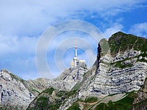 The beautiful and dominant alpine peak of SÃ¤ntis Santis or Saentis in Alpstein mountain range