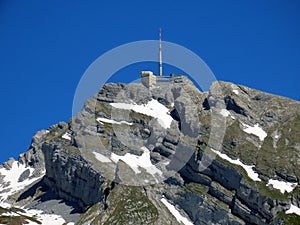 The beautiful and dominant alpine peak of SÃ¤ntis Santis or Saentis in Alpstein mountain range and in Appenzell Alps massif