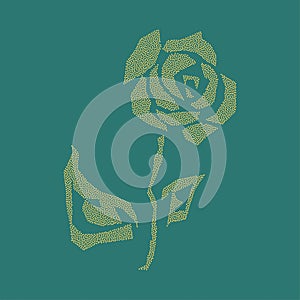 Beautiful dotty sketch, rose flower on a green background