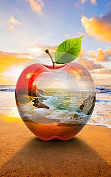 Beautiful double exposure image that combines a beach at sunrise and a glass apple.