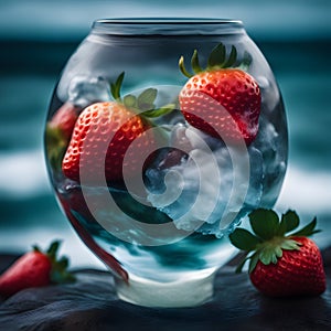 Beautiful double exposure image with a mix of stormy sea and glass of strawberries