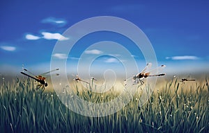 Beautiful dragonfly fly in grass field, AI generated