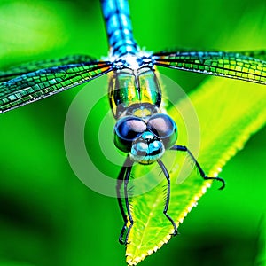 beautiful dragonfly on a green leaf