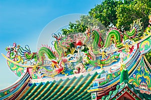 Beautiful Dragons Sculpture on the Chinese Pavilion Roof in the