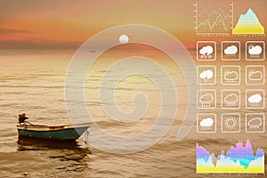 Beautiful dramatic atmosphere of twilight sun sky and sea with fisherman`s boats in summer tropical season with graph and chart