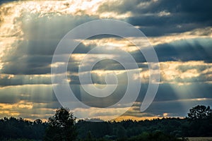 Dramatic sunset sky, sun rays near forest