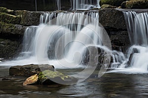 Beautiful dramatic landscape image of Scaleber Force waterfall in Yorkshire Dales in England during Winter morning