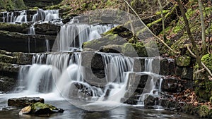 Beautiful dramatic landscape image of Scaleber Force waterfall in Yorkshire Dales in England during Winter morning