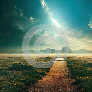 Beautiful dramatic mysterious landscape with spiritual pathway to heaven. Digital 3D illustration