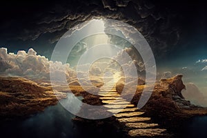 Beautiful dramatic mysterious landscape with spiritual pathway to heaven. Digital 3D illustration