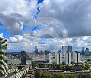 A beautiful and dramatic panoramic shoot of the Rotterdam city skyline with a spectacular dramatic clouds