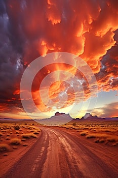 beautiful dramatic sunset over desert, cloudy sky and rocky mountains