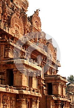 Beautiful dravidian architecture work on the ornamental tower in the ancient Brihadisvara Temple in Thanjavur, india.