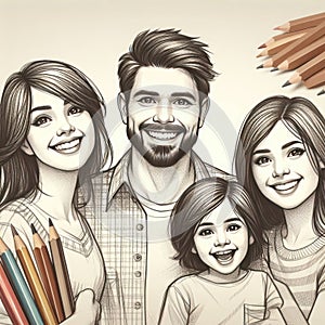 Beautiful drawing of happy family drawn with pencils.