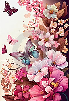 Beautiful drawing of pink flowers and butterflies on polished botanical herbarium paper page