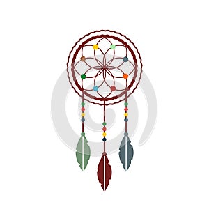 Beautiful dream catcher isolated on white background. Simple geometric ethnic, tribal symbol with feathers.