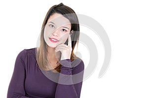 Beautiful dreamer young woman thinking and dreaming looking face with blank copy space