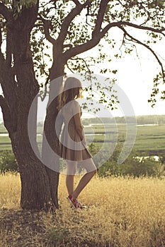 Beautiful dreamy girl walking in a field in a dress at sunset, a young woman enjoying summer nature leaned on a tree trunk