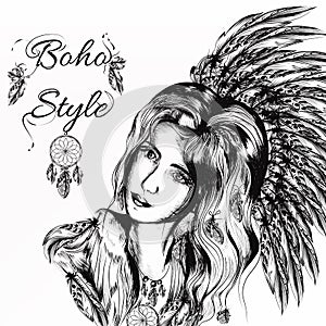 Beautiful dreamy longhaired girl weared in boho style