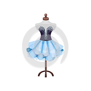Beautiful dress on mannequin. Costume of theater actress on dummy. Item of dressing room. Flat vector design
