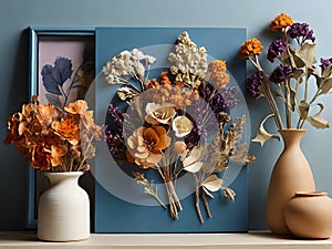 Beautiful dried flowers in vases on wooden shelf near blue wall