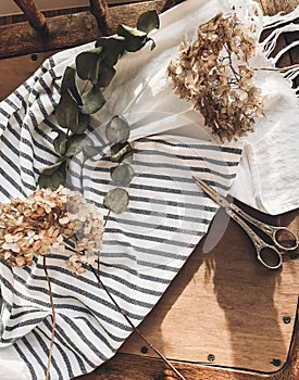 Beautiful dried hydrangea, eucalyptus, scissors and linen fabric on rustic wooden chair, rural still life flat lay. Phone photo