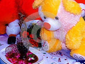 Beautiful  Drink glasses with Red roses and yello,white and red  teddy bear on Bed   Valentine& x27;s, marriage anniversary