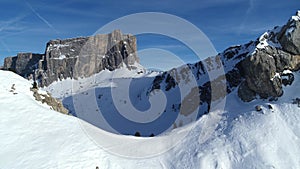 Beautiful drone footage of alpine scenery in winter. Aerial in the Dolomites 4K