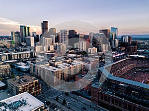 Beautiful drone photo of Denver Colorado at sunset