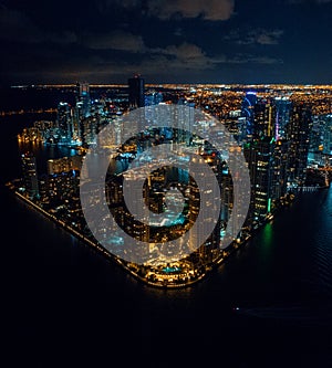 Beautiful drone shot of brickell downtown miami at night