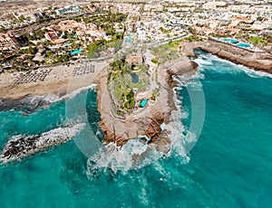 Beautiful drone shot coastline of Playa de Fanabe, Teneriffe, Canary Islands, Spain