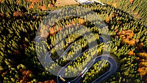 Beautiful drone view of winding forest road in the middle of mountains. Colourful landscape with rural road, trees with yellow lea