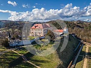 A beautiful drone view of the old castle Kunstat in Moravia during a spring day. Czech republic photo