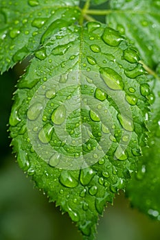 beautiful droplets after rain on a green leaf
