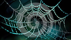 beautiful droplets of water on the spider's web after blurred green forest background, copy space