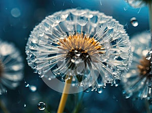 Beautiful drops of water on dandelion macro flower